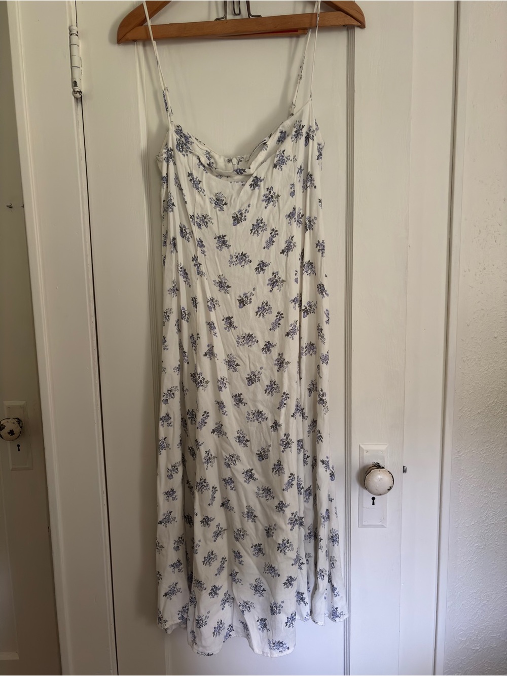 Reformation White Slip Midi Dress with Blue Floral Print